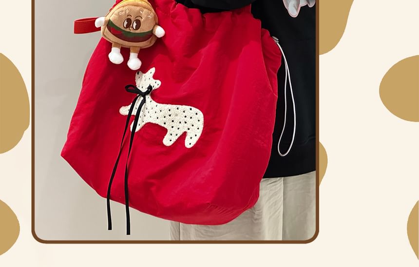 Drawstring Cartoon Applique Canvas Tote Bag