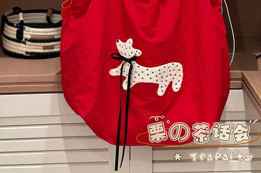 Drawstring Cartoon Applique Canvas Tote Bag