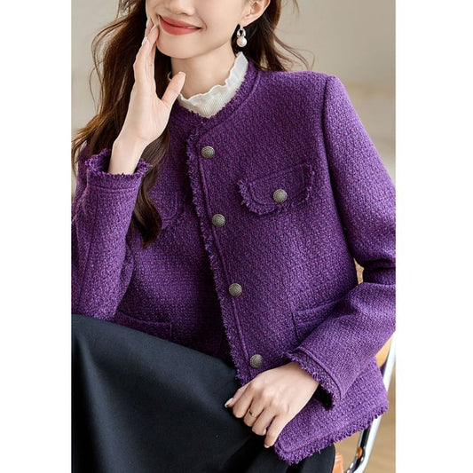 Round Neck Plain Tweed Button Jacket