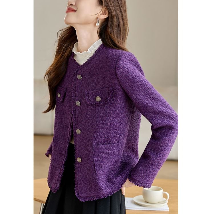 Round Neck Plain Tweed Button Jacket