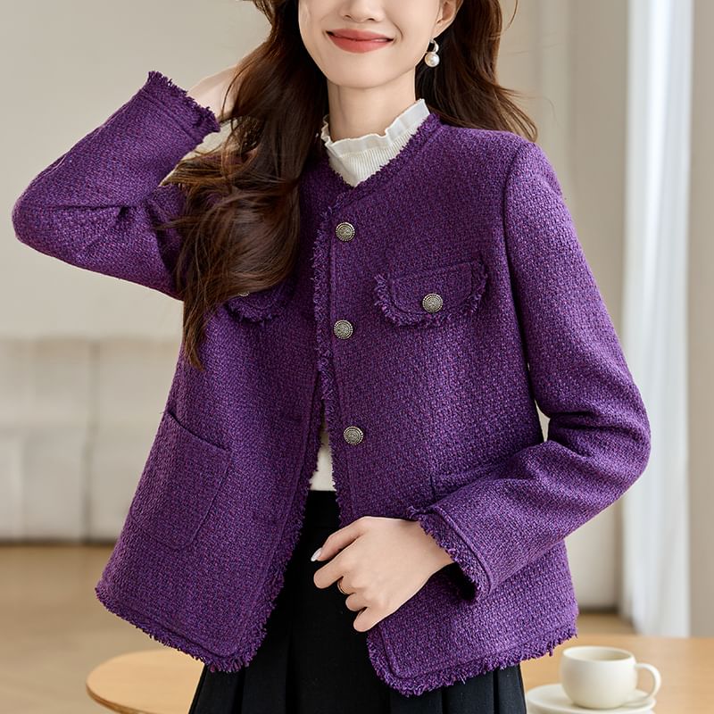 Round Neck Plain Tweed Button Jacket