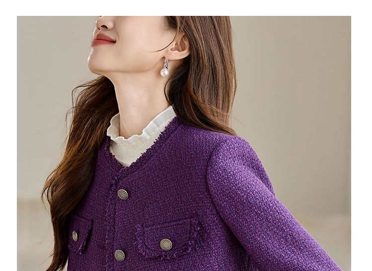 Round Neck Plain Tweed Button Jacket