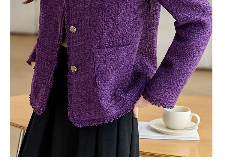 Round Neck Plain Tweed Button Jacket