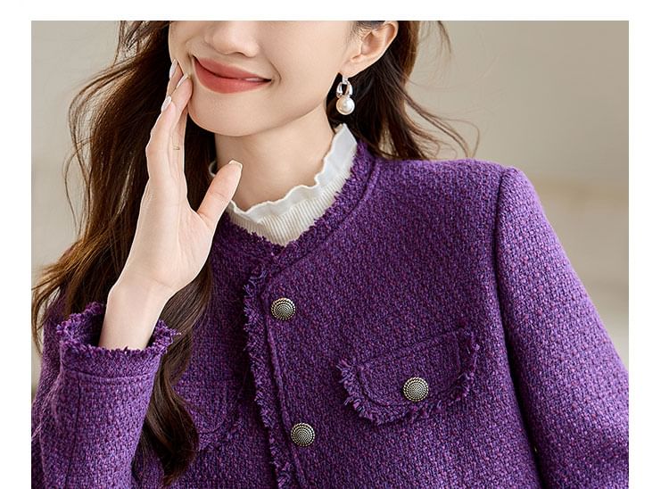 Round Neck Plain Tweed Button Jacket