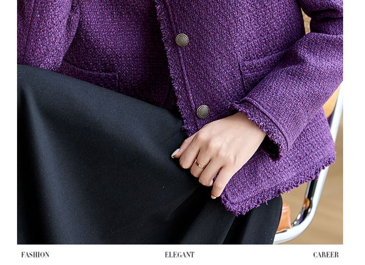 Round Neck Plain Tweed Button Jacket