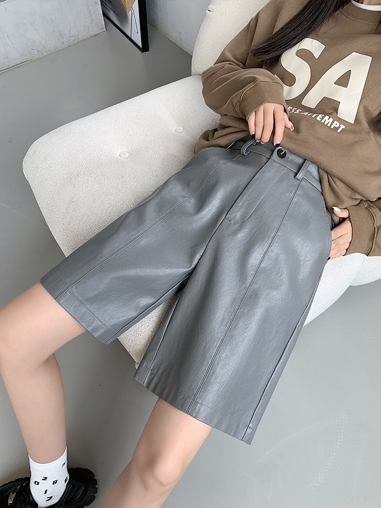 High Waist Plain Faux Leather Shorts