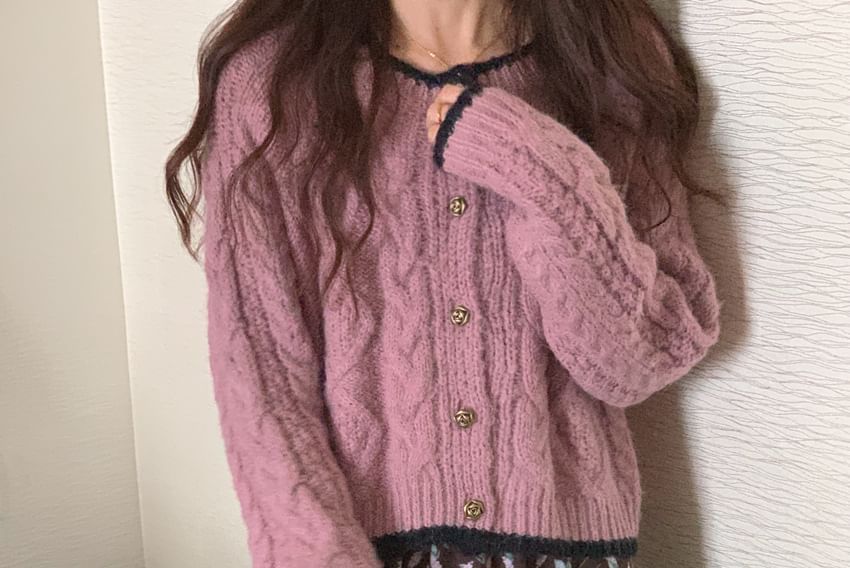 Crewneck Cable Knit Plain Button-Up Cardigan