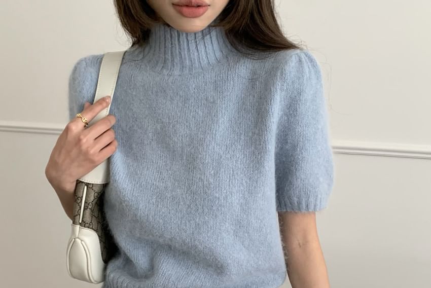 Set: Short Sleeve Mock Neck Plain Sweater + Arm Sleeves