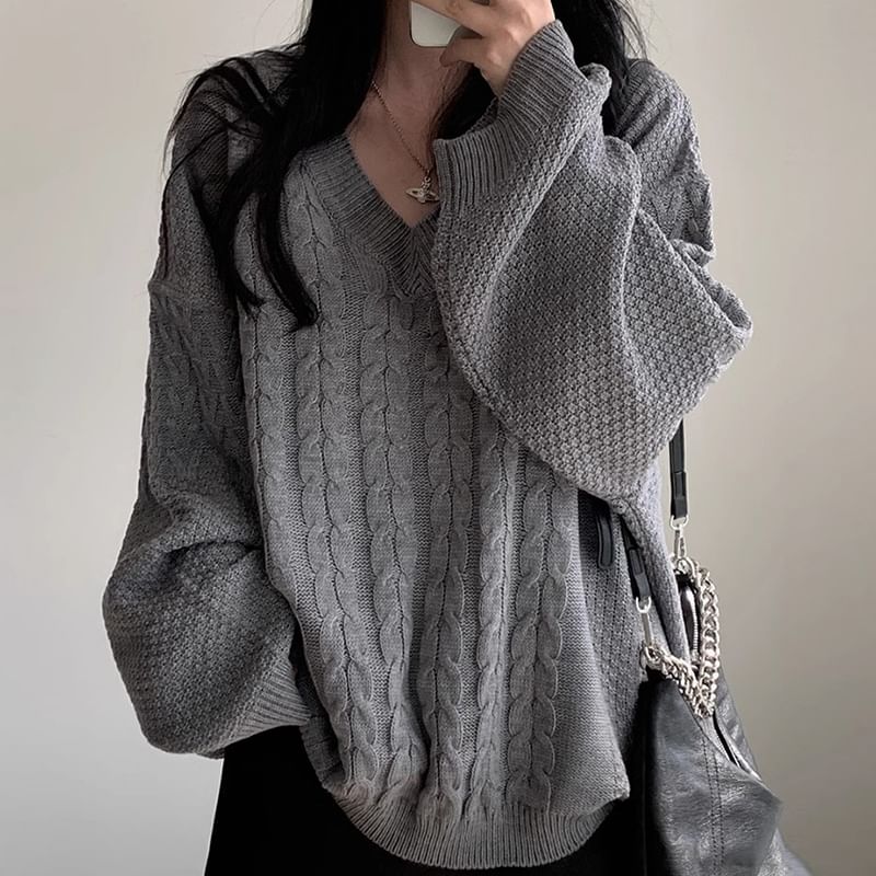 V-Neck Plain Cable Knit Sweater