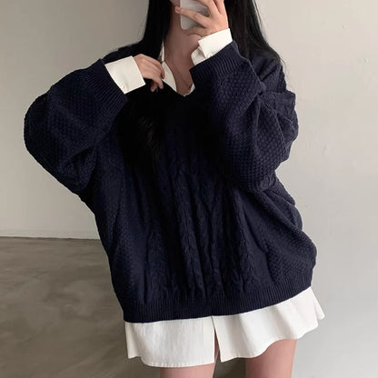 V-Neck Plain Cable Knit Sweater