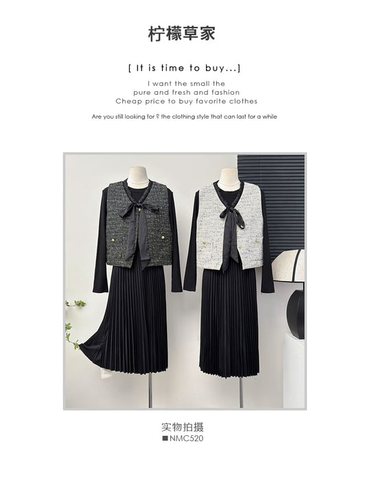 Tie-Front Tweed Vest / Two-Tone Pleated A-Line Dress