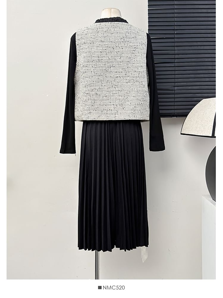 Tie-Front Tweed Vest / Two-Tone Pleated A-Line Dress