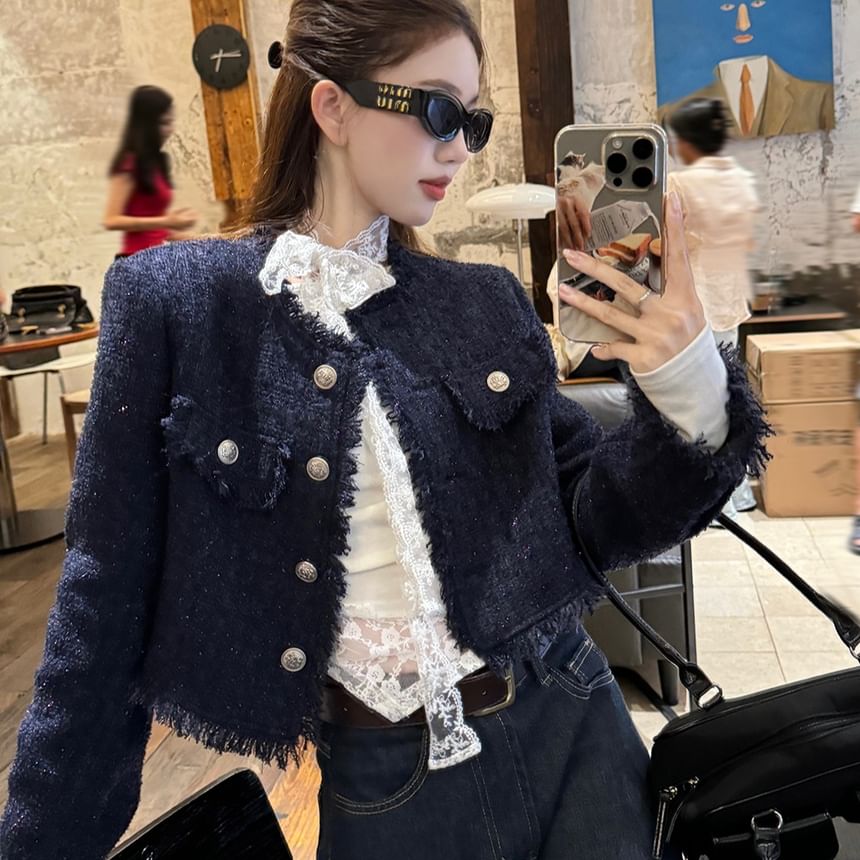 Long-Sleeve Boat Neck Lace Panel Slim Fit Tee / Tweed Button Jacket / Mid Rise Washed Wide Leg Jeans