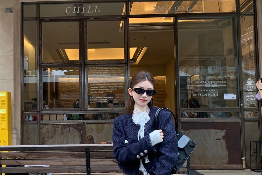 Long-Sleeve Boat Neck Lace Panel Slim Fit Tee / Tweed Button Jacket / Mid Rise Washed Wide Leg Jeans