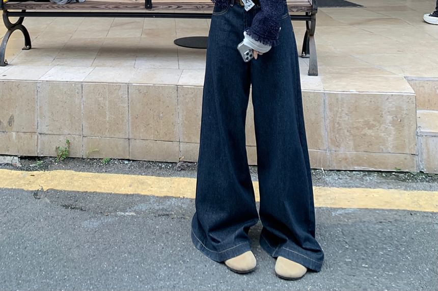 Long-Sleeve Boat Neck Lace Panel Slim Fit Tee / Tweed Button Jacket / Mid Rise Washed Wide Leg Jeans