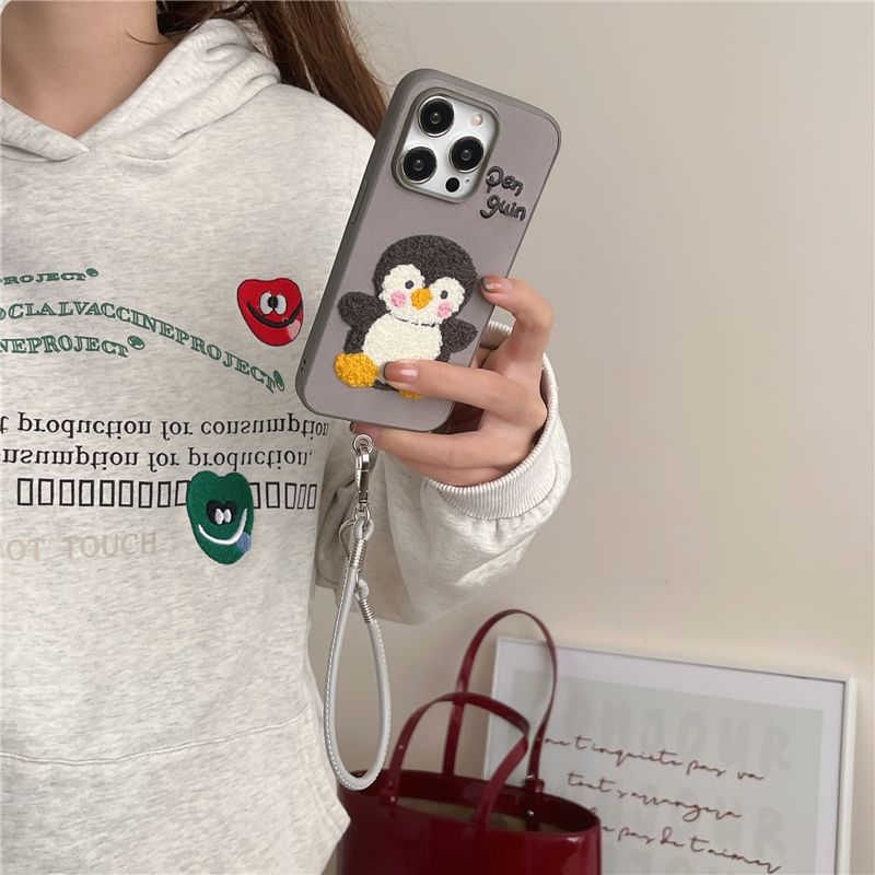 Penguin Embroidered Phone Case / Faux Leather Strap / Set - iPhone 16 Pro Max / 16 Pro / 16 Plus / 16 / 15 Pro Max / 15 Pro / 15 Plus / 15 / 14 Pro Max / 14 Pro / 14 Plus / 14 / 13 Pro Max / 13 Pro / 13 / 13 Mini