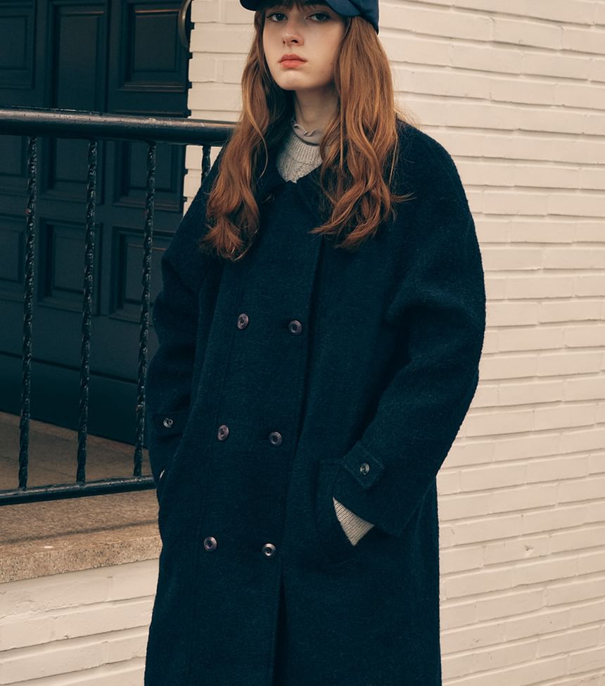 Double-Button Wool Coat (Navy Blue)