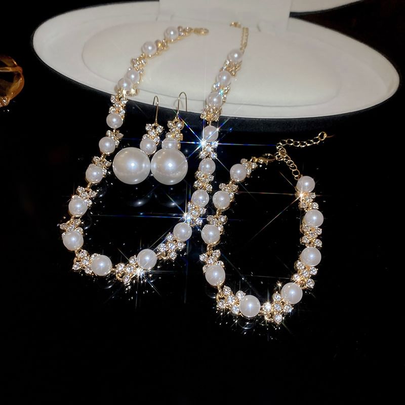Rhinestone Necklace Drop Faux Bracelet Pearl Floral / Hook Earring