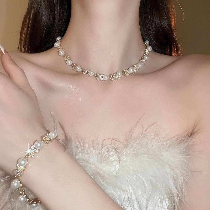 Rhinestone Necklace Drop Faux Bracelet Pearl Floral / Hook Earring