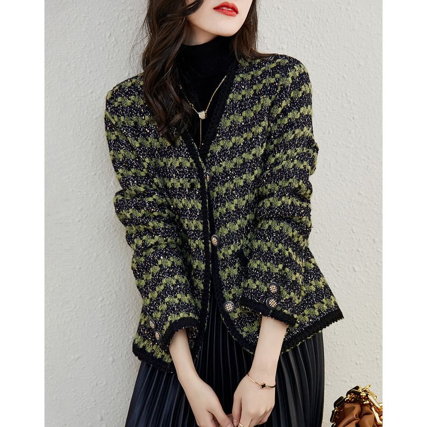 V-Neck Tweed Button Jacket