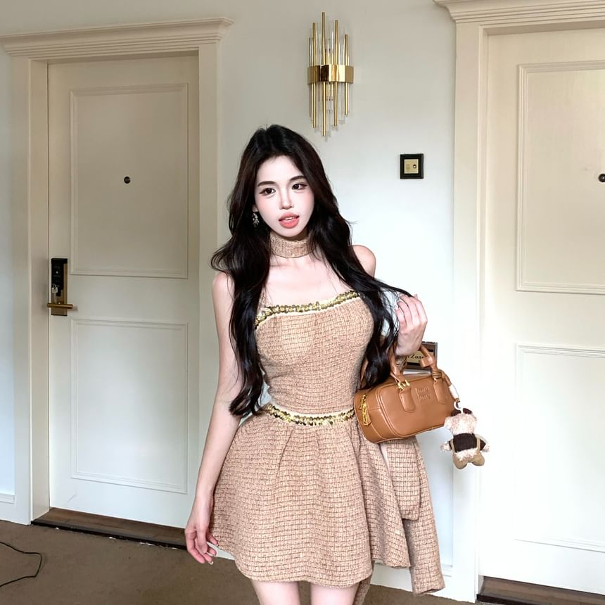 Set: Tweed Crop Open Front Jacket + Spaghetti Strap Crop Bustier Top + Mid Rise Mini A-Line Skirt