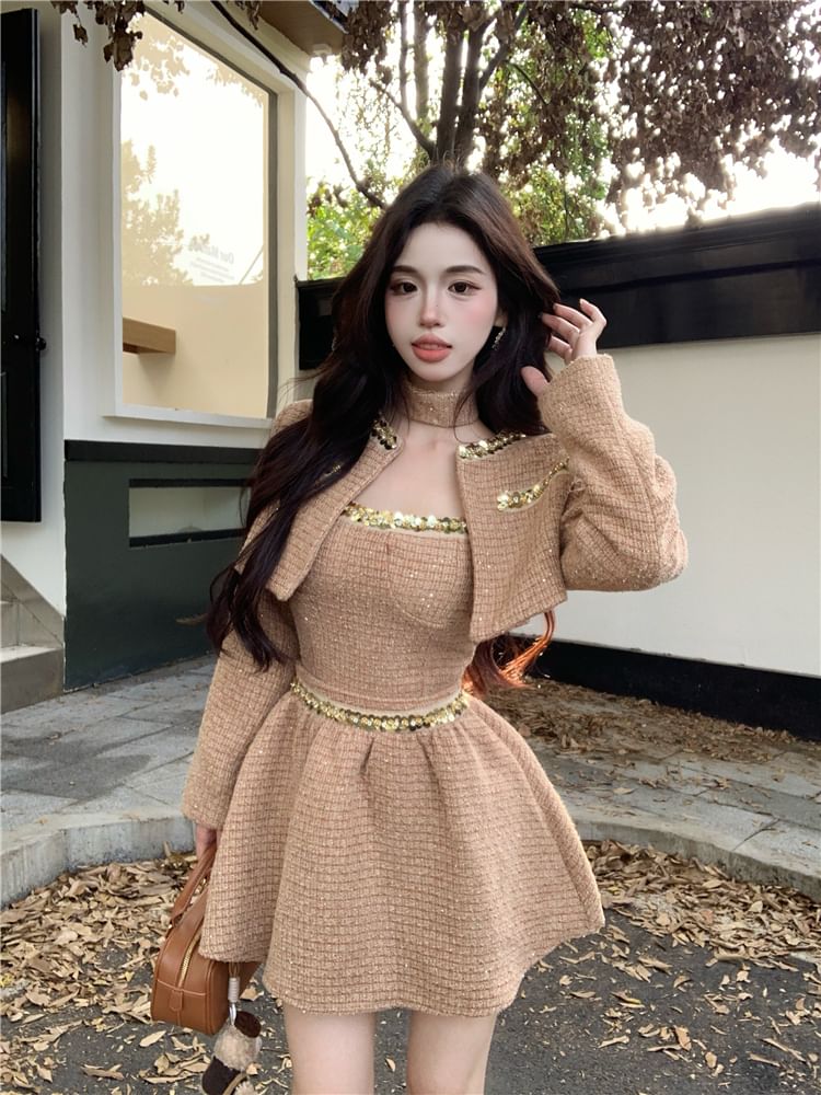 Set: Tweed Crop Open Front Jacket + Spaghetti Strap Crop Bustier Top + Mid Rise Mini A-Line Skirt