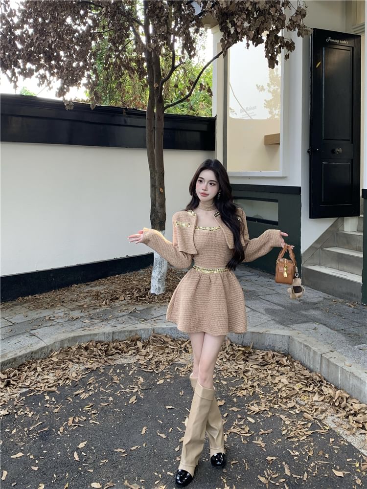 Set: Tweed Crop Open Front Jacket + Spaghetti Strap Crop Bustier Top + Mid Rise Mini A-Line Skirt