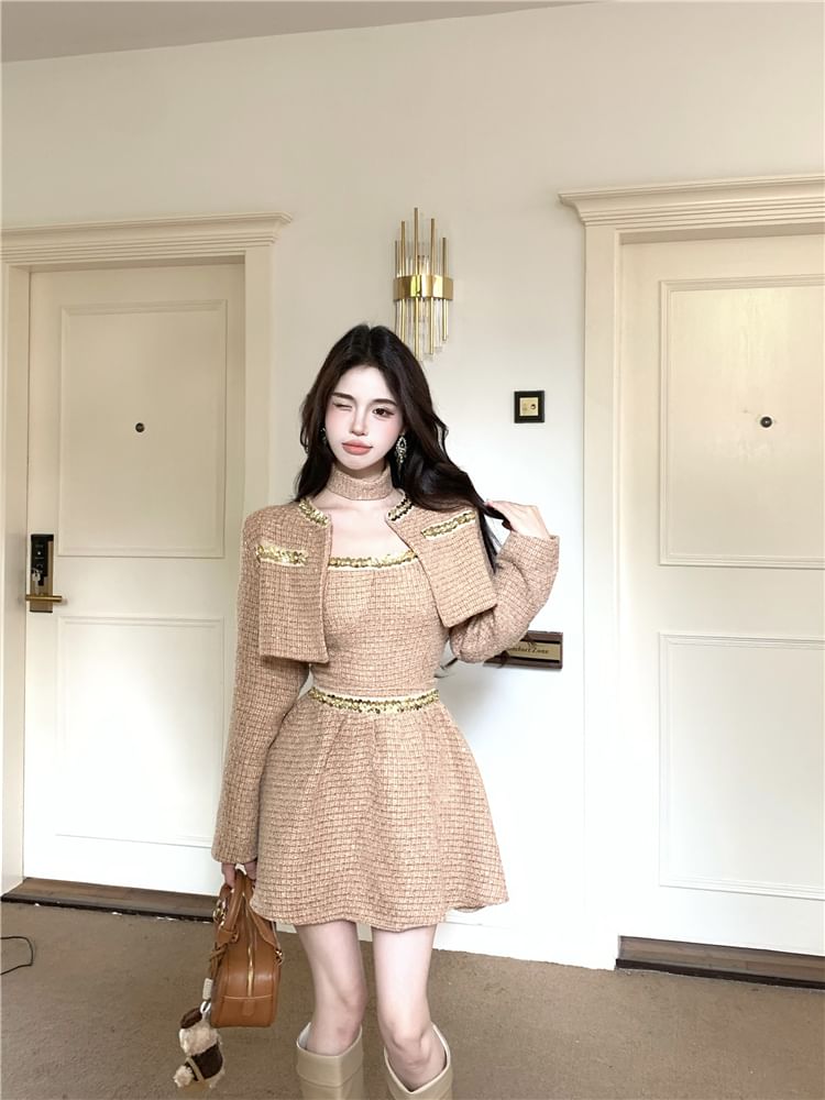 Set: Tweed Crop Open Front Jacket + Spaghetti Strap Crop Bustier Top + Mid Rise Mini A-Line Skirt