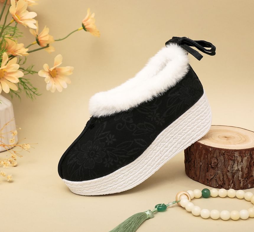 Bow Fleece-Lined Wedge Platform Pumps Heel