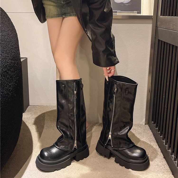 High Knee Panel Buckled Platform Boots Zip
