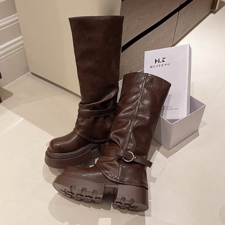 Boots Buckled Panel Platform High Knee