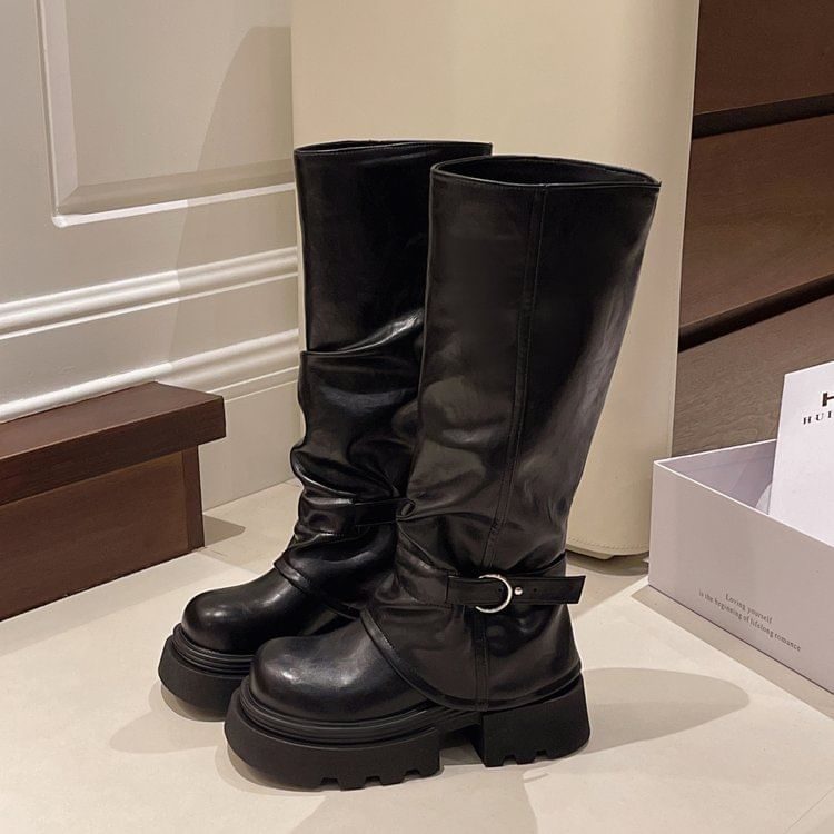 Boots Buckled Panel Platform High Knee