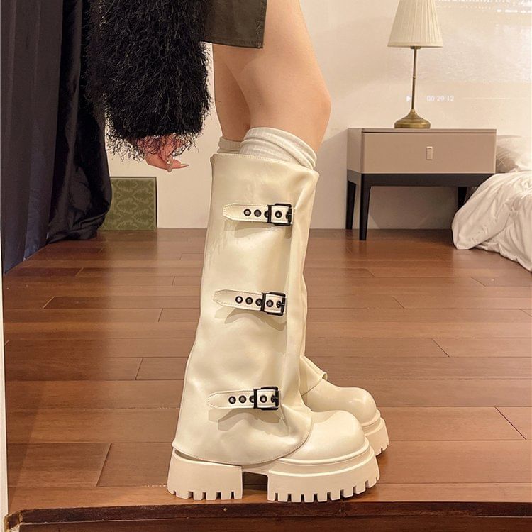 Knee Platform Buckled Boots High Panel