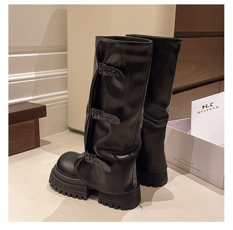Knee Platform Buckled Boots High Panel