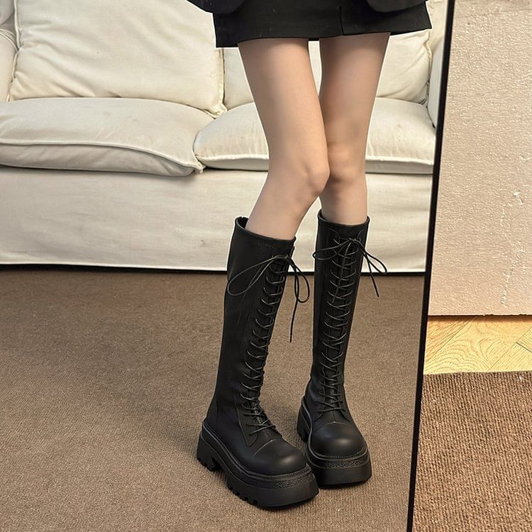 Platform Boots Lace Knee High Up