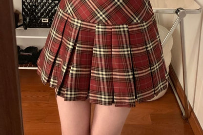 High Rise Plaid Mini Pleated Skirt