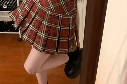 High Rise Plaid Mini Pleated Skirt