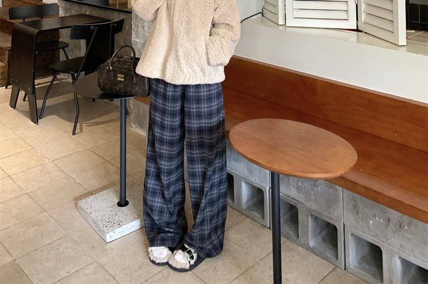 Hooded Plain Fleece Zip Up Jacket / Mid Waist Plaid Wide Leg Pants