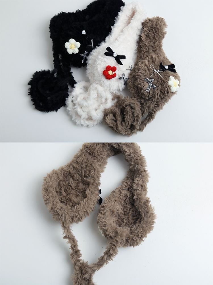 Flower Fluffy Bow Earmuffs Crochet
