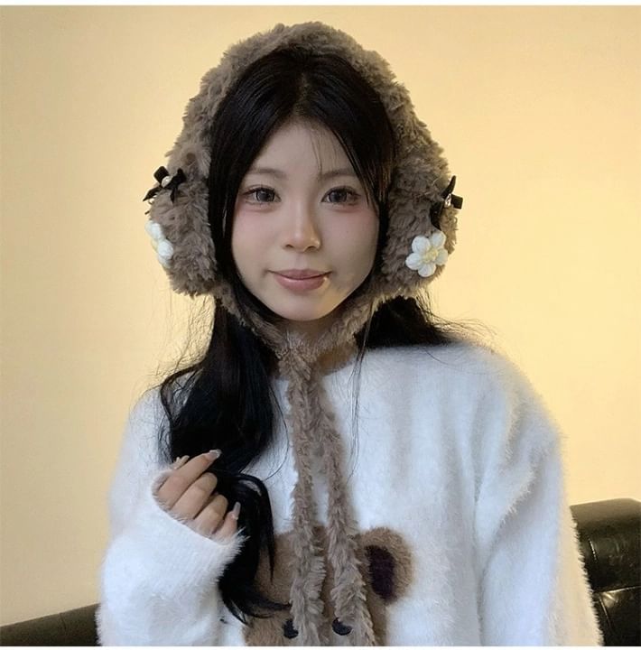 Flower Fluffy Bow Earmuffs Crochet