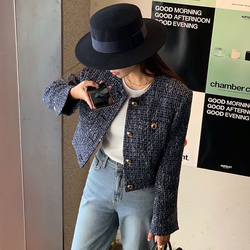 Round Neck Tweed Button Jacket