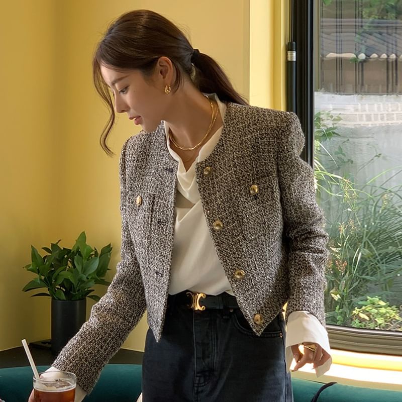 Round Neck Tweed Button Jacket