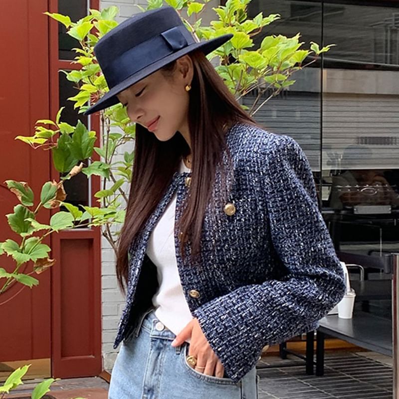 Round Neck Tweed Button Jacket