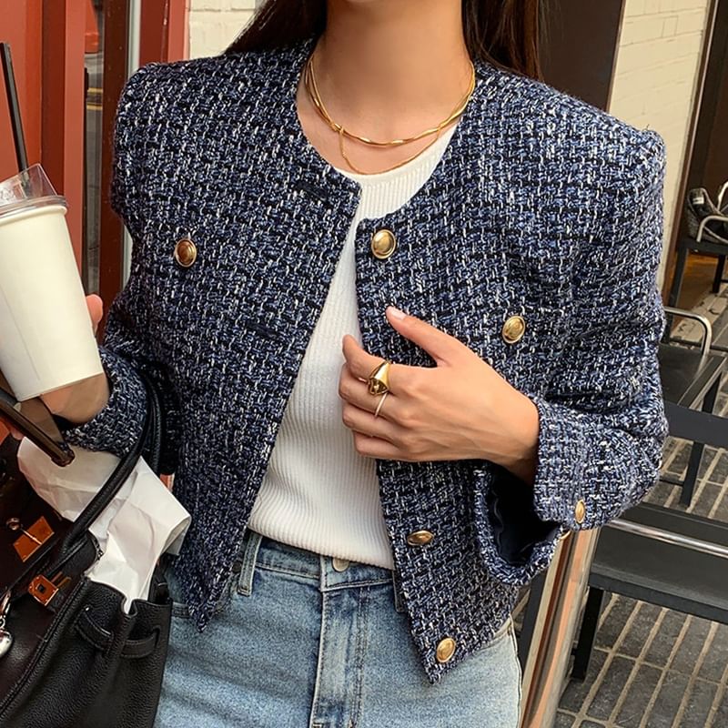 Round Neck Tweed Button Jacket