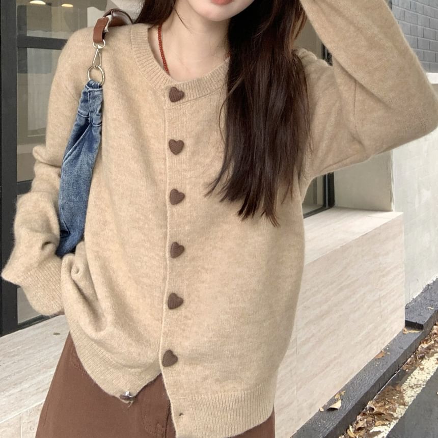 Heart-Button Round-Neck Cardigan