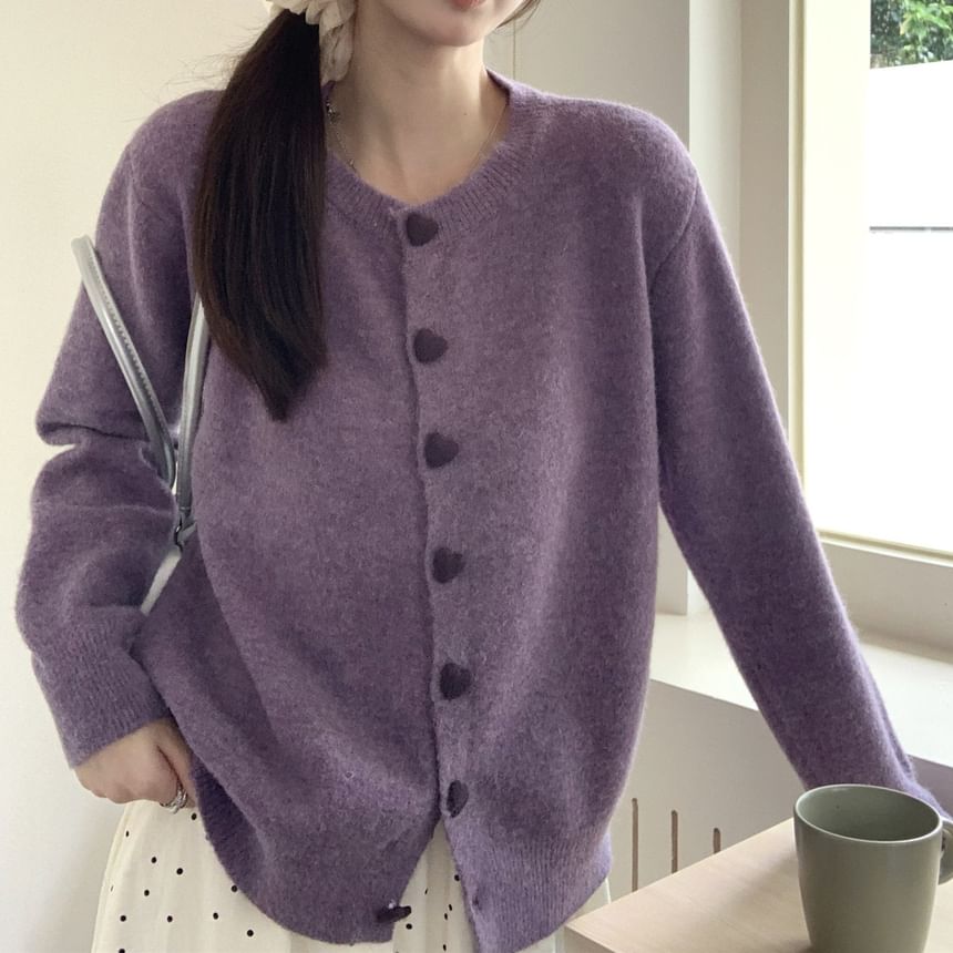 Heart-Button Round-Neck Cardigan