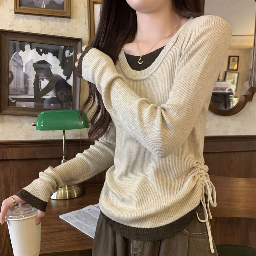 Long Sleeve Round Neck Contrast Trim Drawstring Ribbed Knit Top