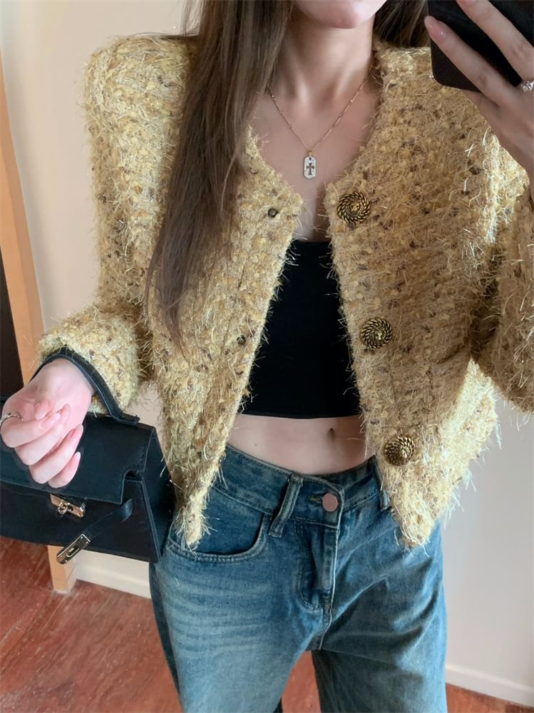 Round Neck Fluffy Button Cropped Jacket