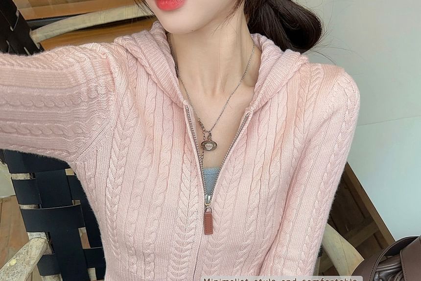 Hooded Cable-Knit Zip-Up Cropped Cardigan