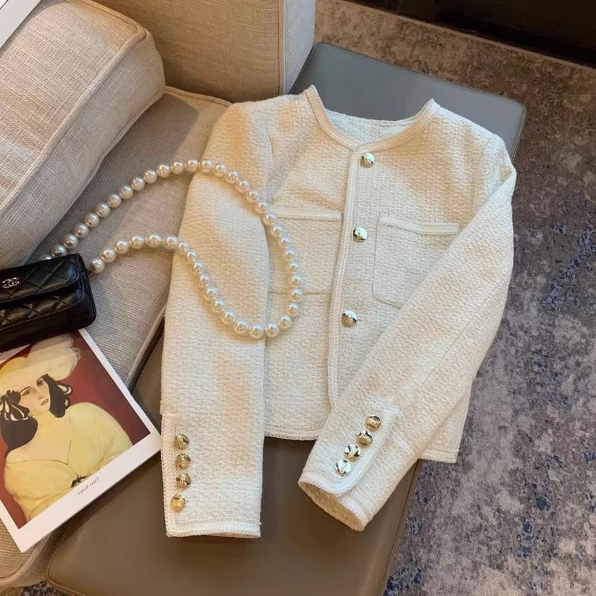 Crew Neck Plain Button-Up Tweed Crop Jacket